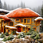 Snow-covered stone cottage with thatched roof in wintry forest