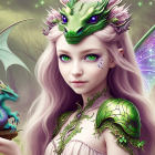 Young girl with green eyes, floral tiara, and tiny dragon in mystical forest