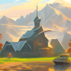 Tranquil lakeside house with spire, autumn trees, mountains, and boat