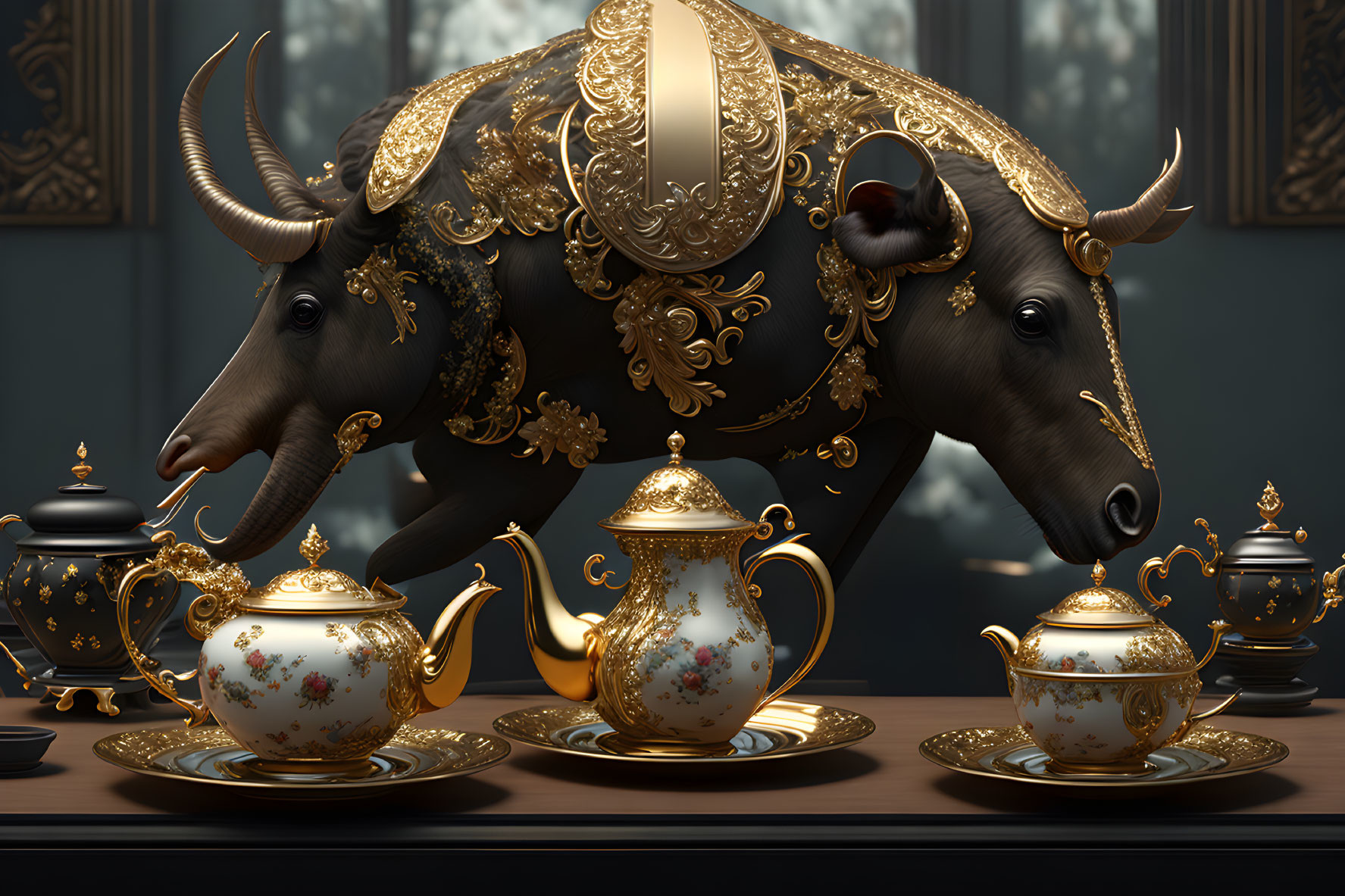 Luxurious Golden Bull and Floral Teapots on Opulent Table