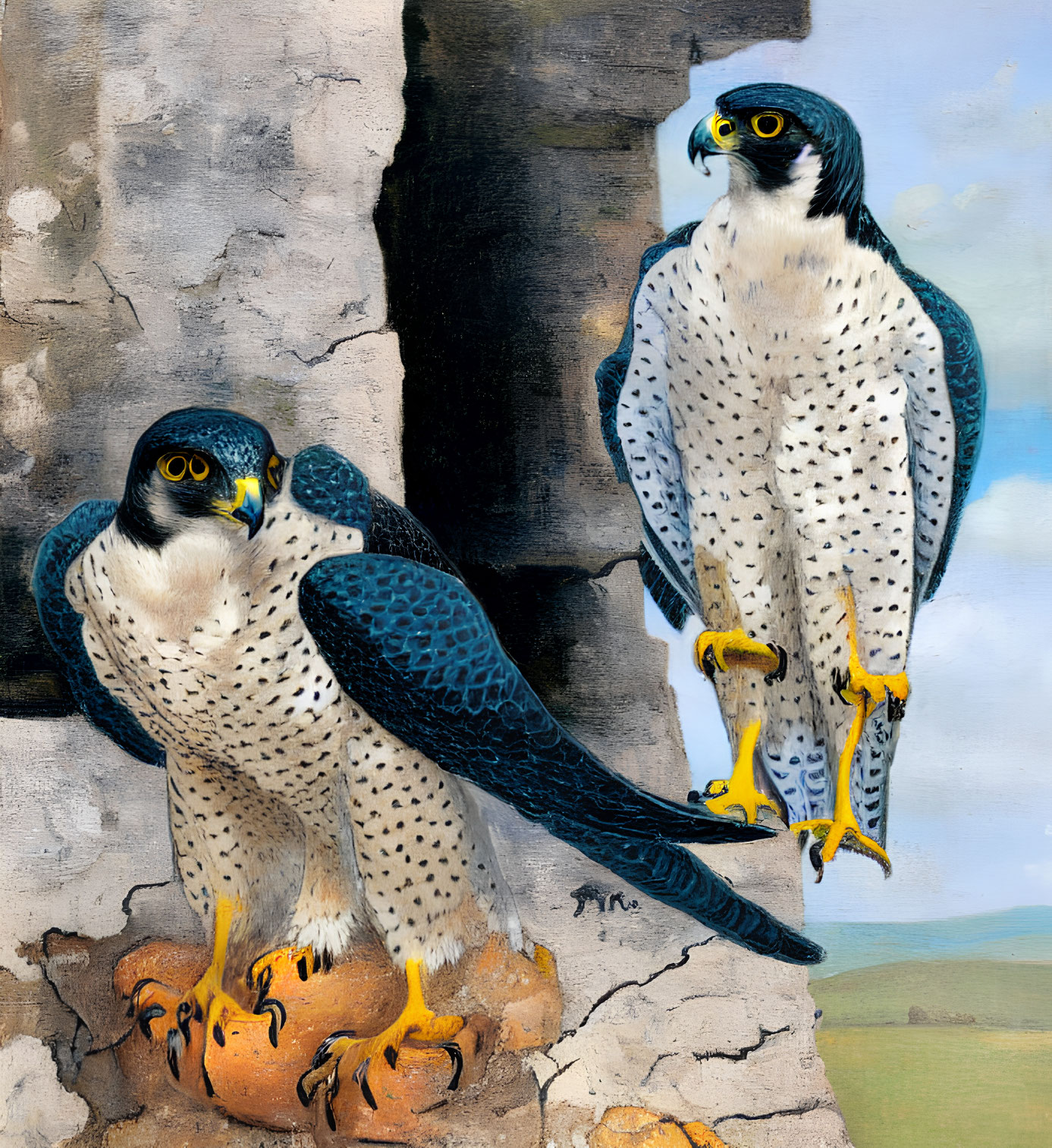 Pair of Peregrine Falcons Perched on Rocky Outcrop