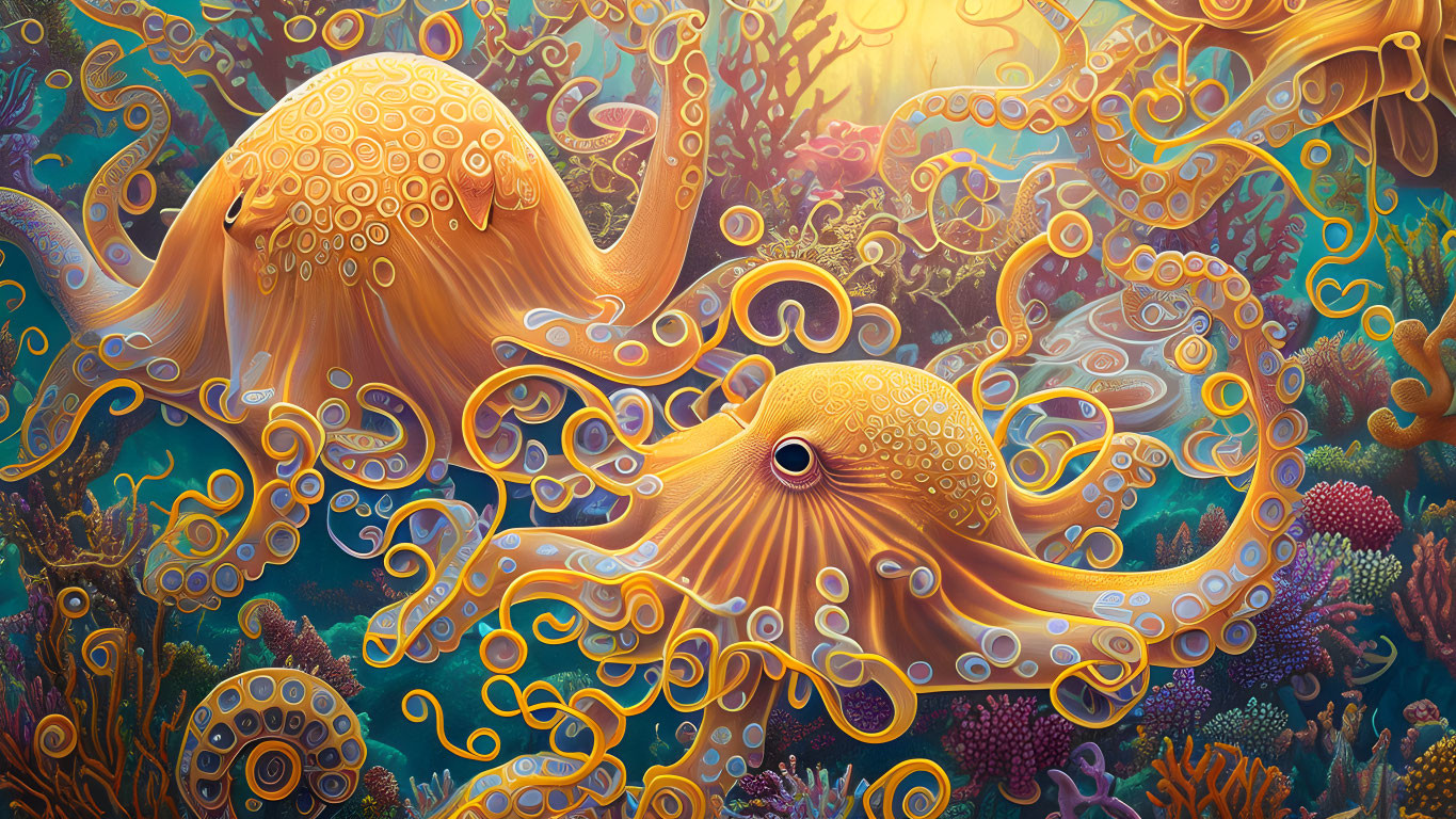 Colorful digital artwork: Two stylized orange octopuses in intricate coral reef setting