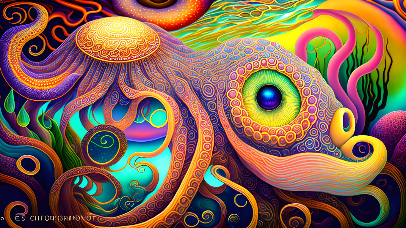 Colorful Psychedelic Octopus Illustration with Vibrant Patterns