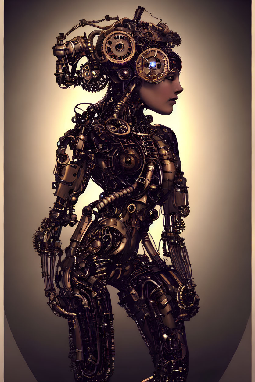 Steampunk humanoid robot with intricate gears and industrial design