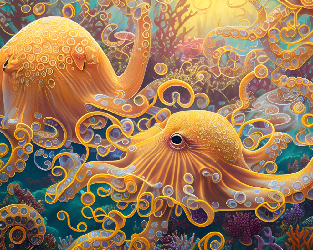 Colorful digital artwork: Two stylized orange octopuses in intricate coral reef setting