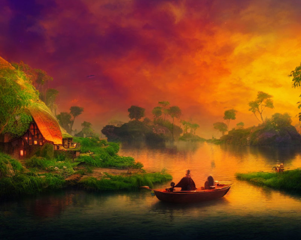 Tranquil river sunset with boat, fishing people, and thatched cottage