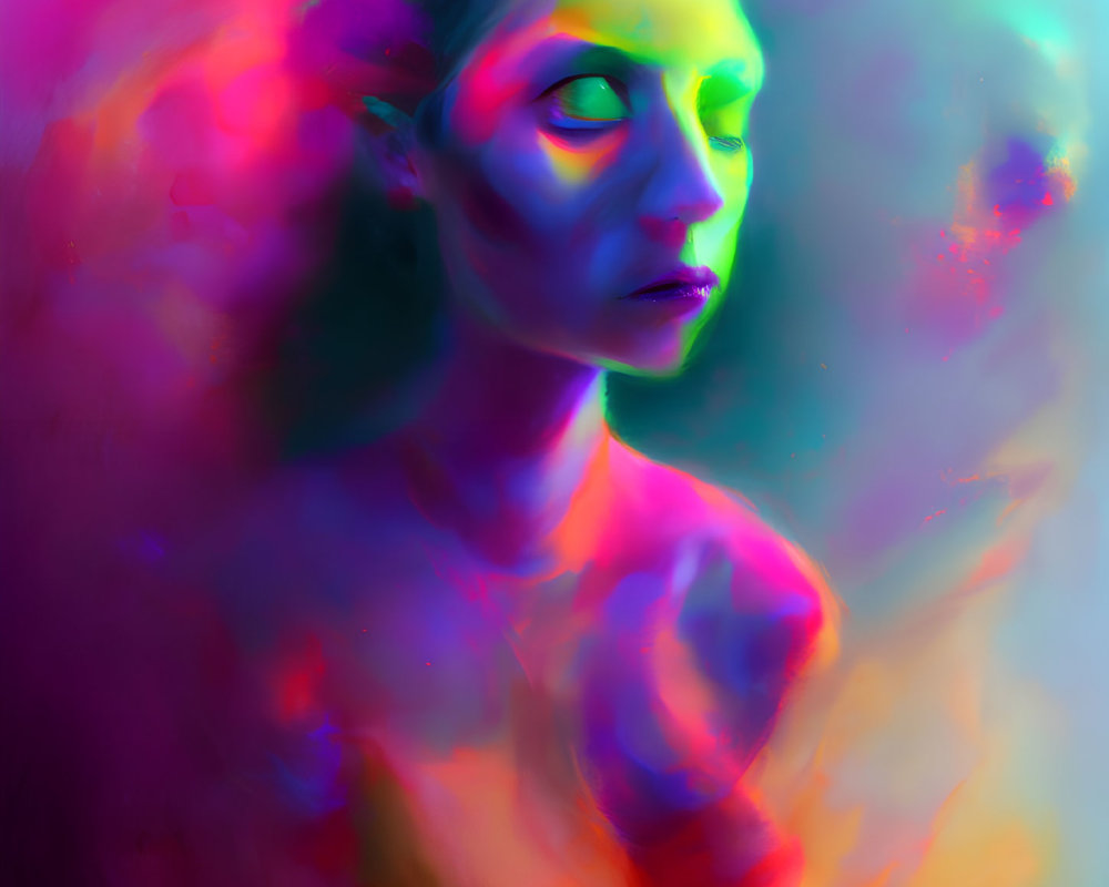 Colorful portrait of a contemplative person in neon hues