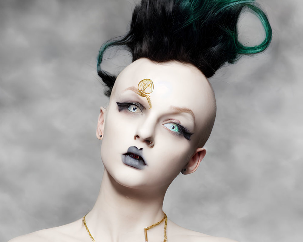 Avant-garde makeup with black lips, pale skin, dark eye makeup, black hair styled with