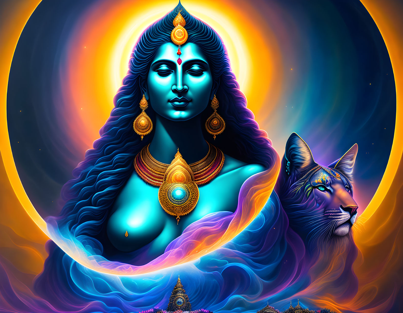 Colorful digital artwork: Blue-skinned feminine figure and mystical feline in luminous aura