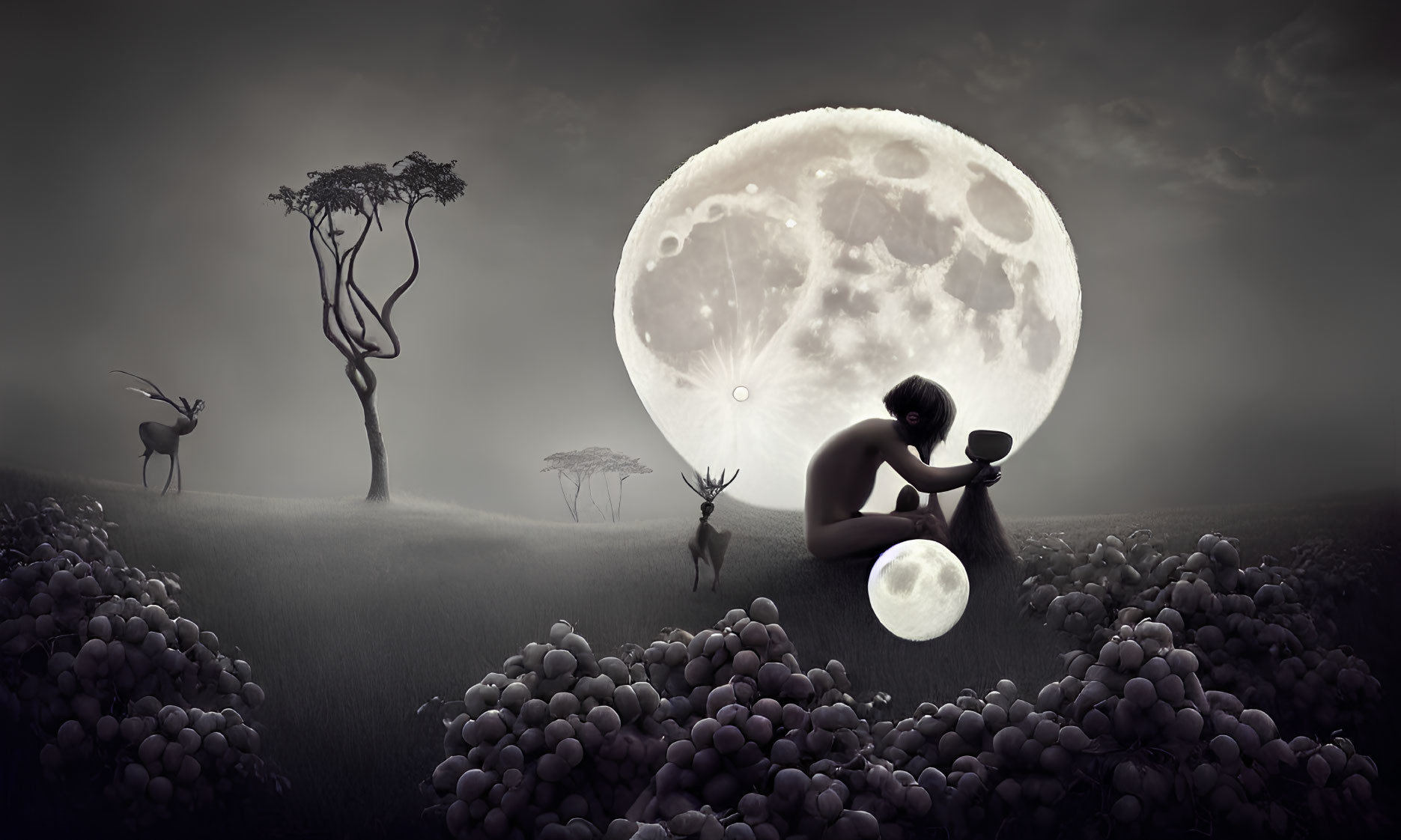 Monochrome surreal scene: person pouring light, moon, deer, misty trees