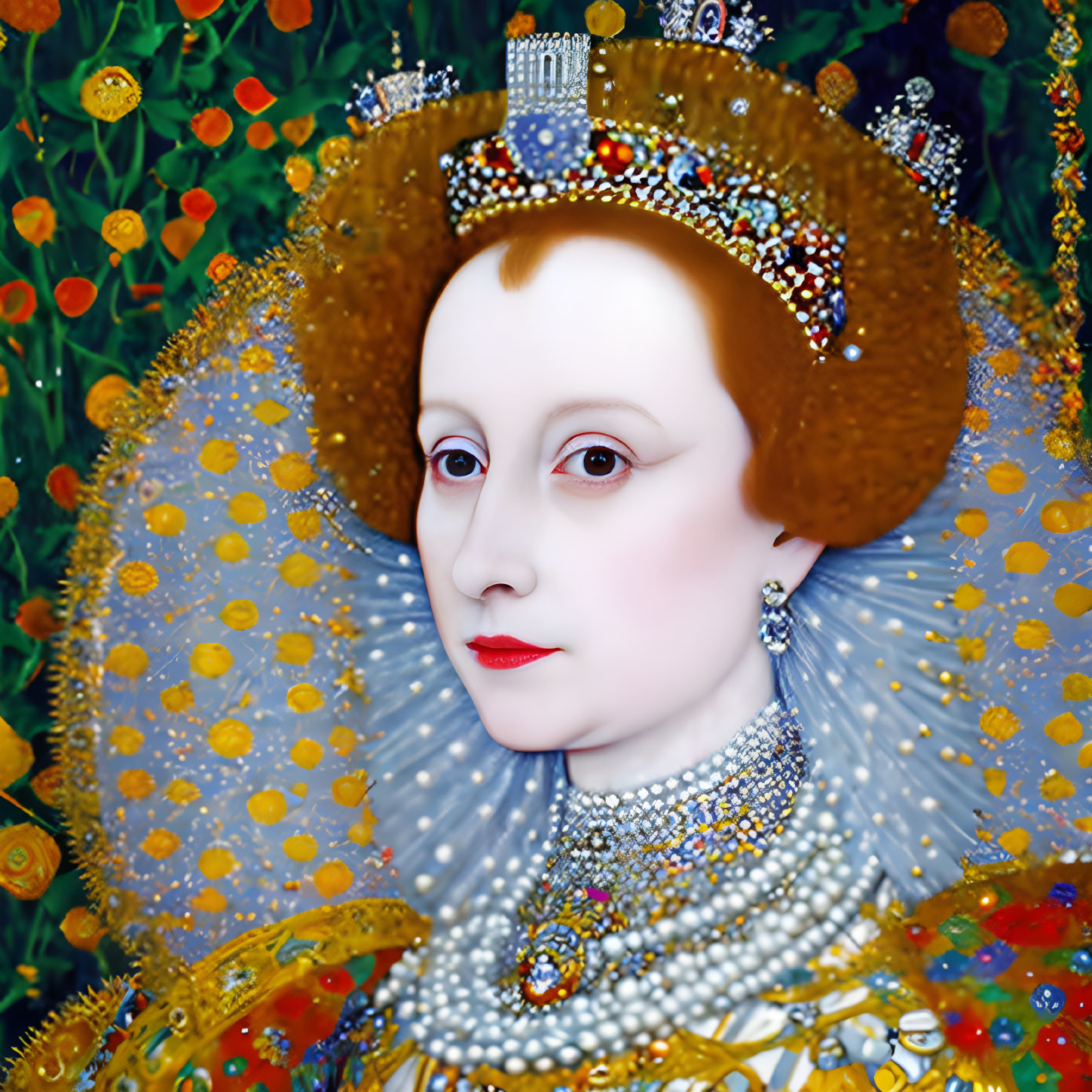 Elizabethan Woman Portrait with Jeweled Crown and Floral Background