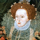 Elizabethan Woman Portrait with Jeweled Crown and Floral Background