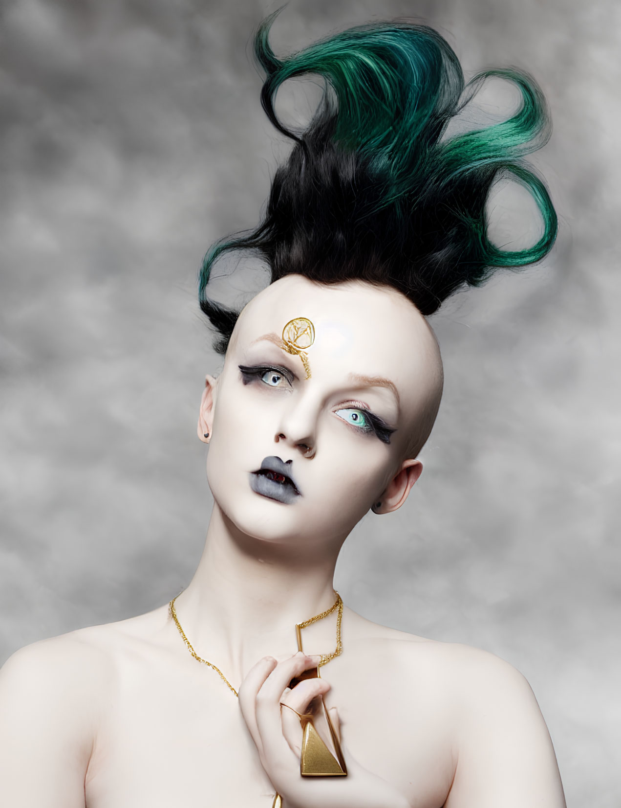 Avant-garde makeup with black lips, pale skin, dark eye makeup, black hair styled with