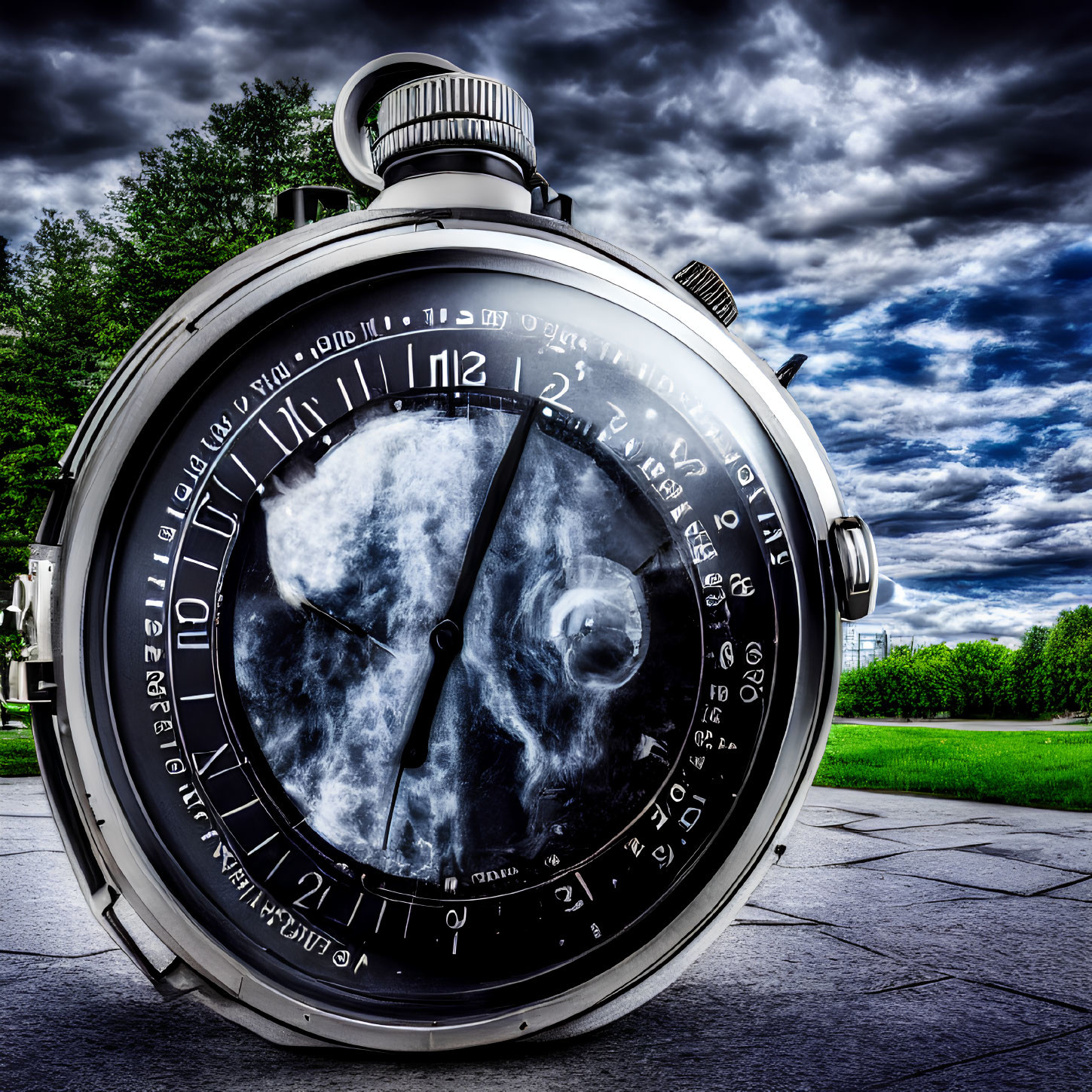 Transparent face giant stopwatch under stormy clouds in dynamic sky.