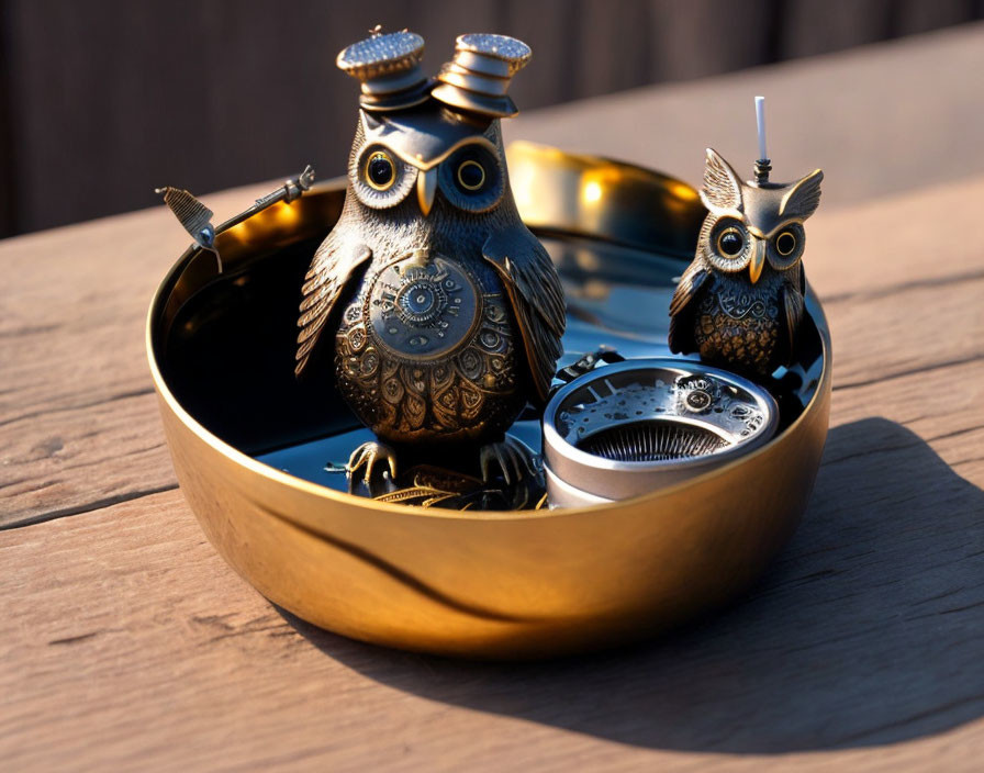 Mechanical Owl Figurines in Brass Container on Wood Surface