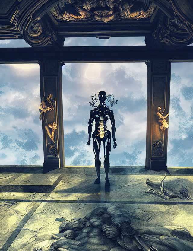 Skeletal robot in grand room with floating humanoid figures