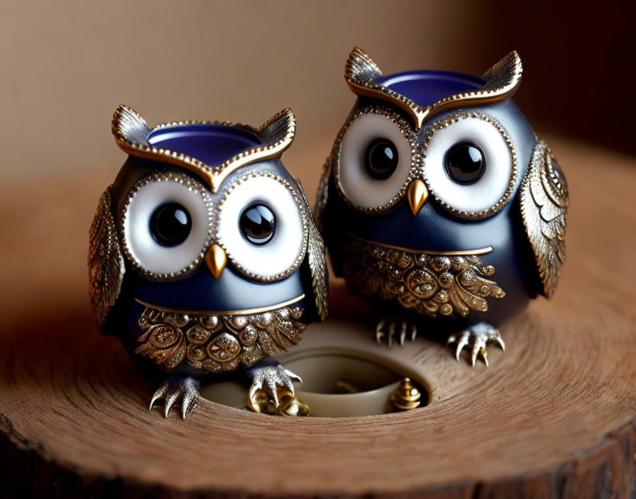 Ornate Owl Figurines with Blue Accents on Round Wooden Surface