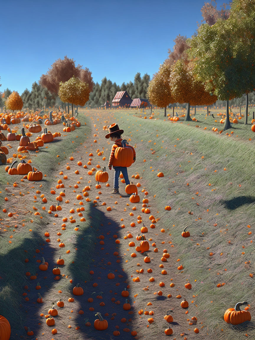 Person in hat standing in pumpkin patch on sunny day with scattered pumpkins, trees, and barn.