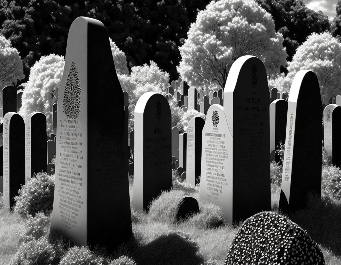 Serene cemetery with uniform headstones and luminous tree leaves