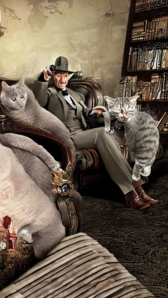 Man in elegant attire with three cats in vintage room, surreal scene.