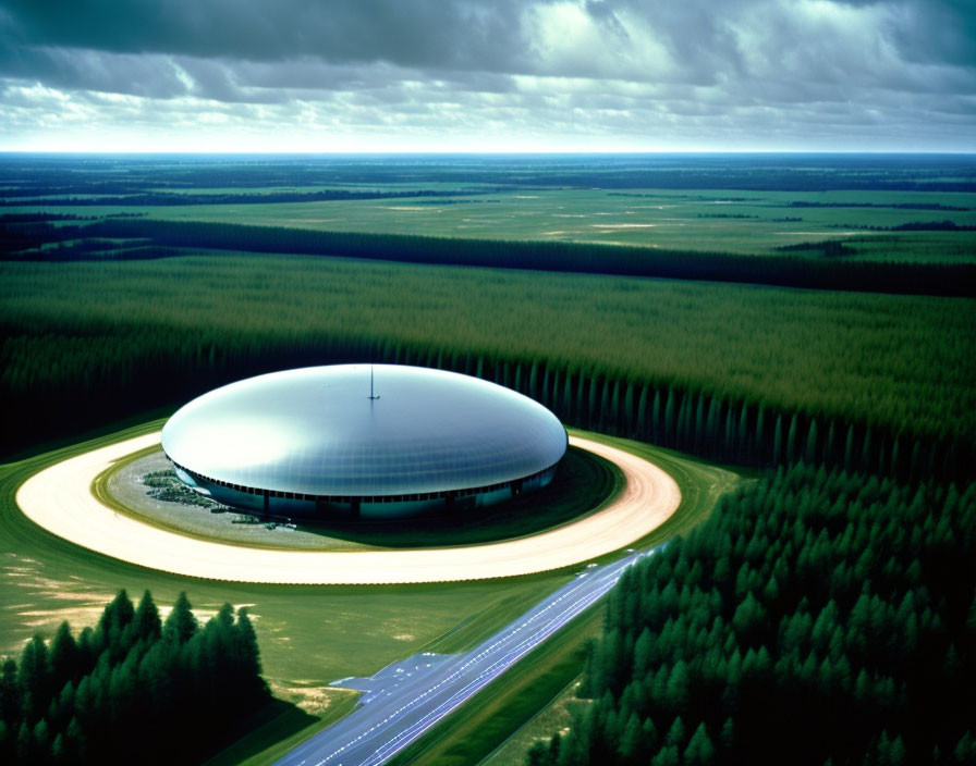 Elliptical Dome Structure in Forest Setting with Road and Cloudy Sky