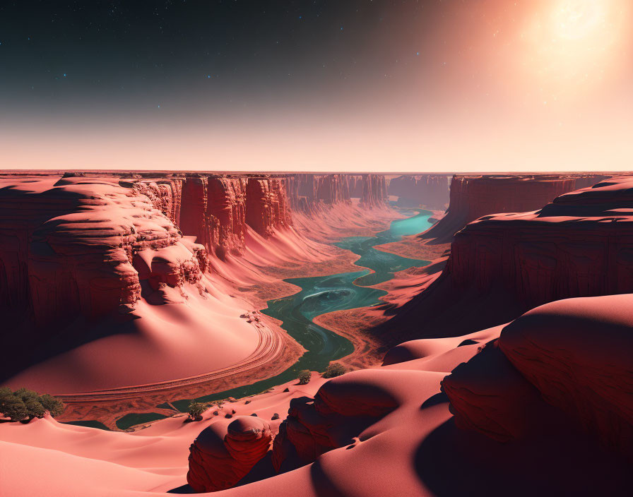 Alien landscape with red rock formations, blue river, dunes, and bright star