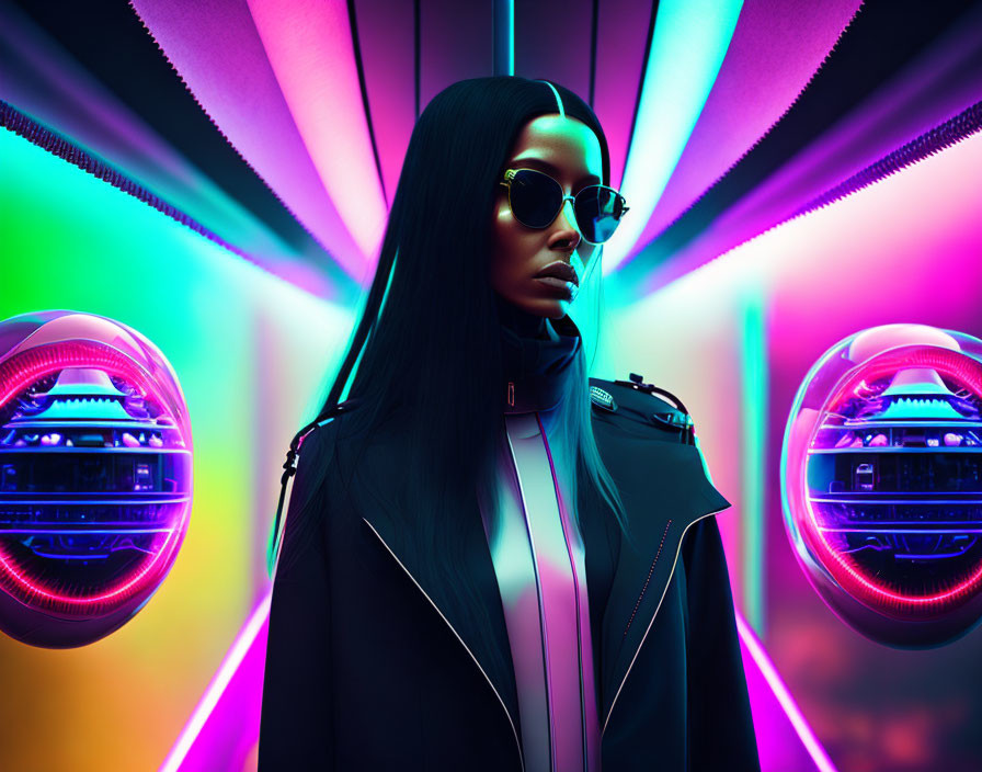 Confident woman in sunglasses and leather jacket with neon lights and futuristic orbs.