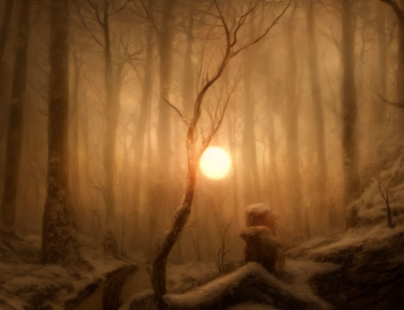 Snow-covered forest scene with mist and glowing orb