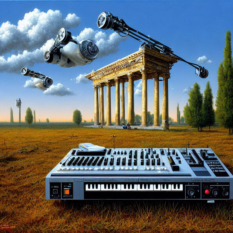 Surreal artwork: synthesizer in grassy field with Greek columns and flying ships