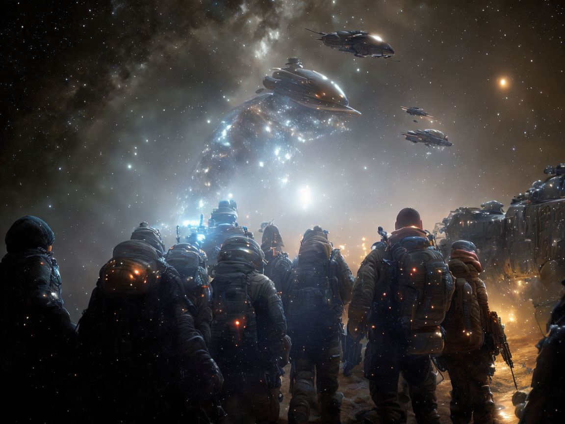 Futuristic soldiers observe spacecrafts in starry scene