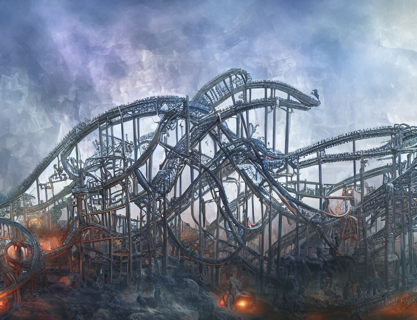 Intricate Roller Coaster with Loops in Dystopian Setting