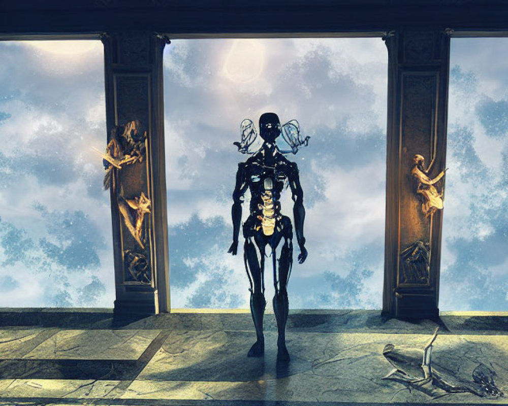 Skeletal robot in grand room with floating humanoid figures