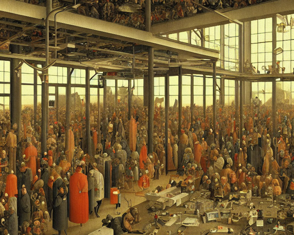 Detailed illustration of crowded factory with workers and machinery