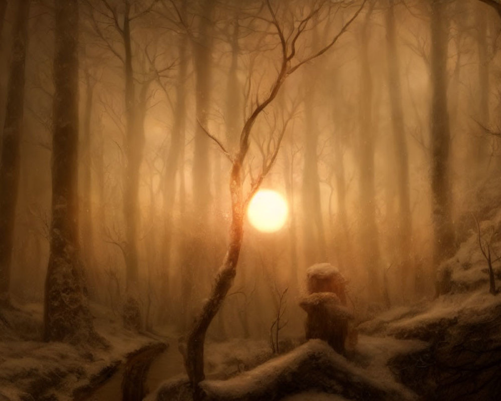 Snow-covered forest scene with mist and glowing orb