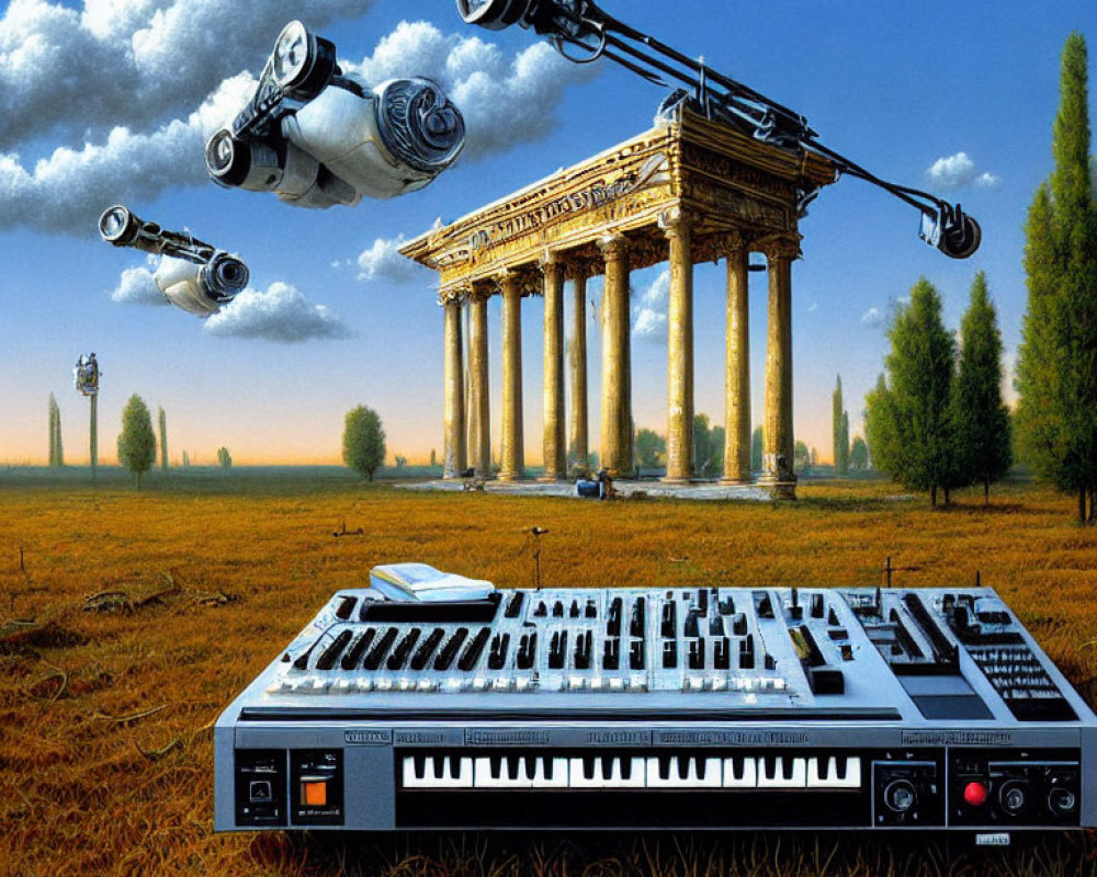 Surreal artwork: synthesizer in grassy field with Greek columns and flying ships