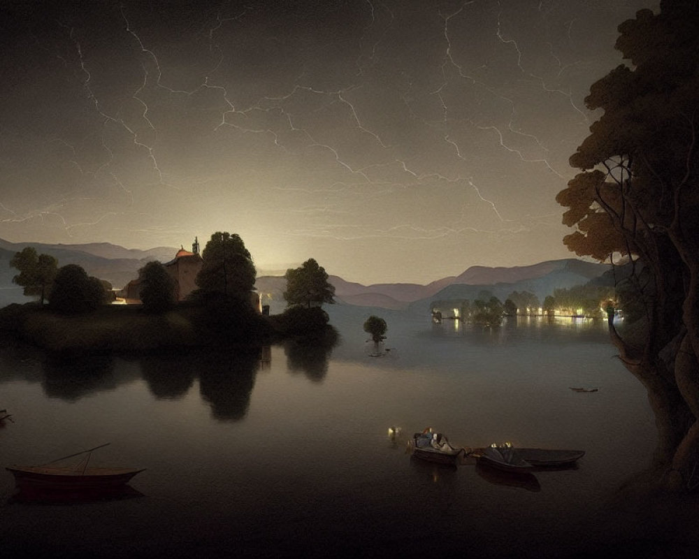 Nighttime Lake Scene with Lightning, Boats, and Castle on Shore