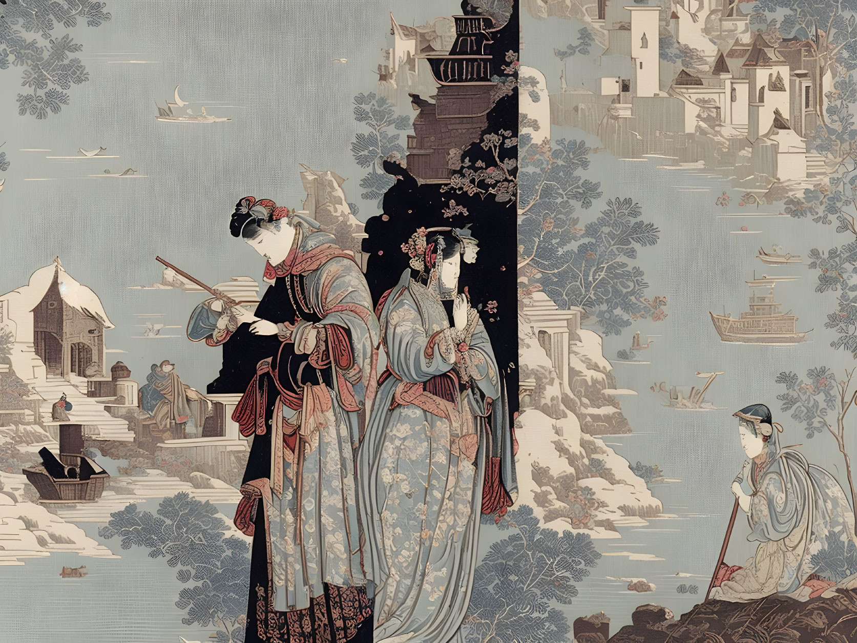 Traditional Asian Artwork: Two Women in Elaborate Dresses with Detailed Landscape