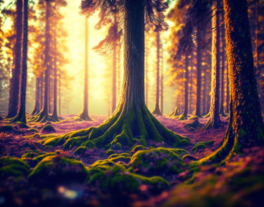 Dense Forest Sunlight Illuminates Moss-Covered Roots