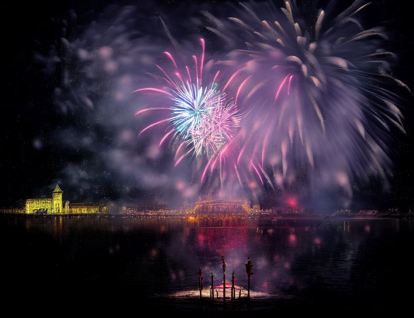 Colorful fireworks illuminate cityscape at night with reflections on water and historic buildings.