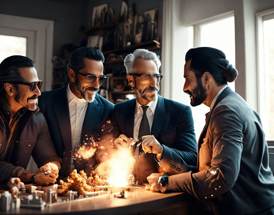 Four men in stylish attire around a table with miniature figures, one holding a sparkler.