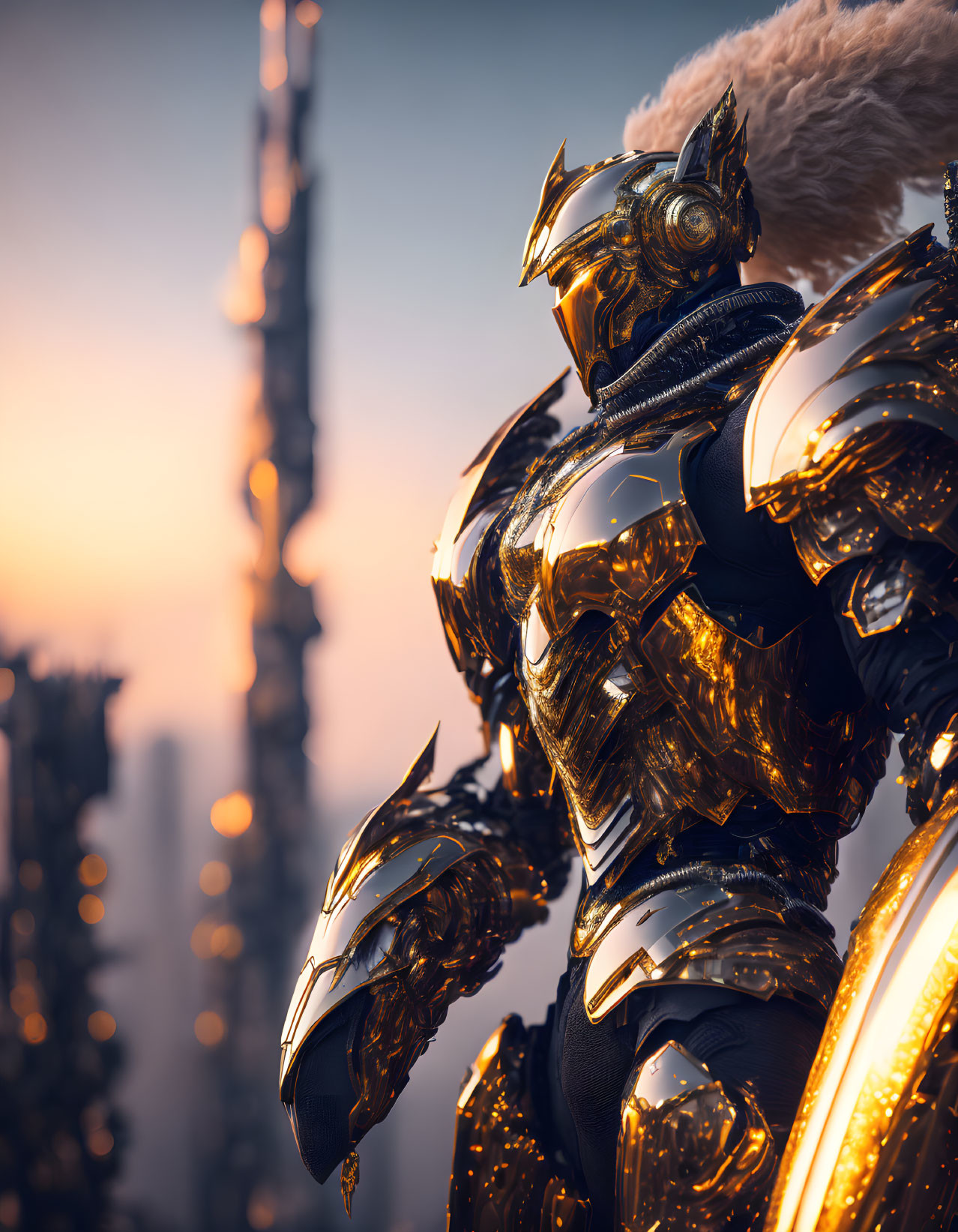 Golden Armored Figure Against Cityscape at Twilight