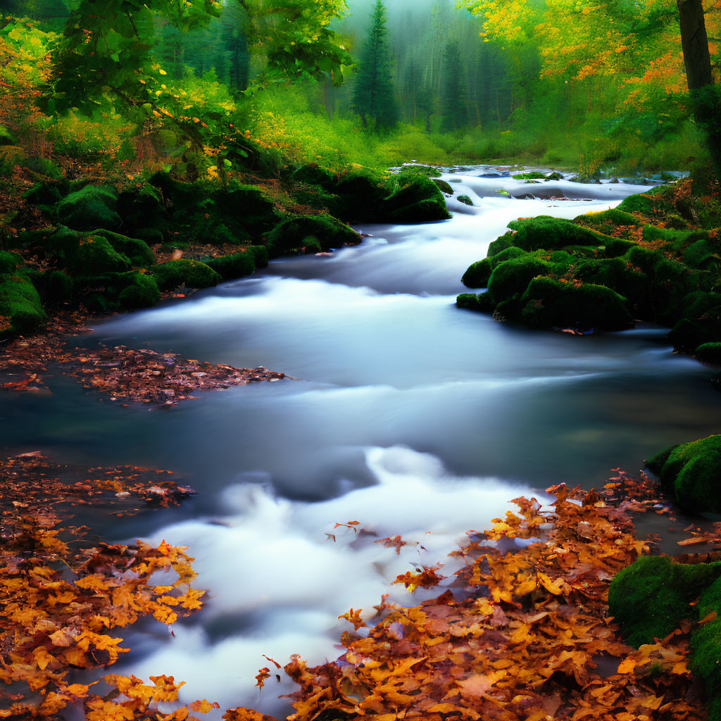 Tranquil river in vibrant autumn forest with moss-covered stones