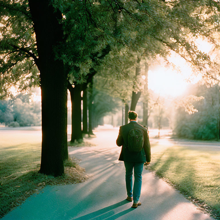 Person walking on tree-lined path under warm sun glow