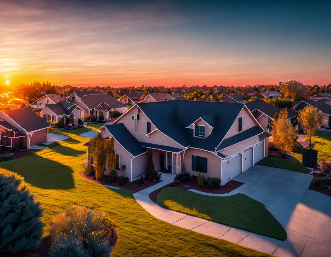 Orange Sky Sunset Above Suburban Neighborhood