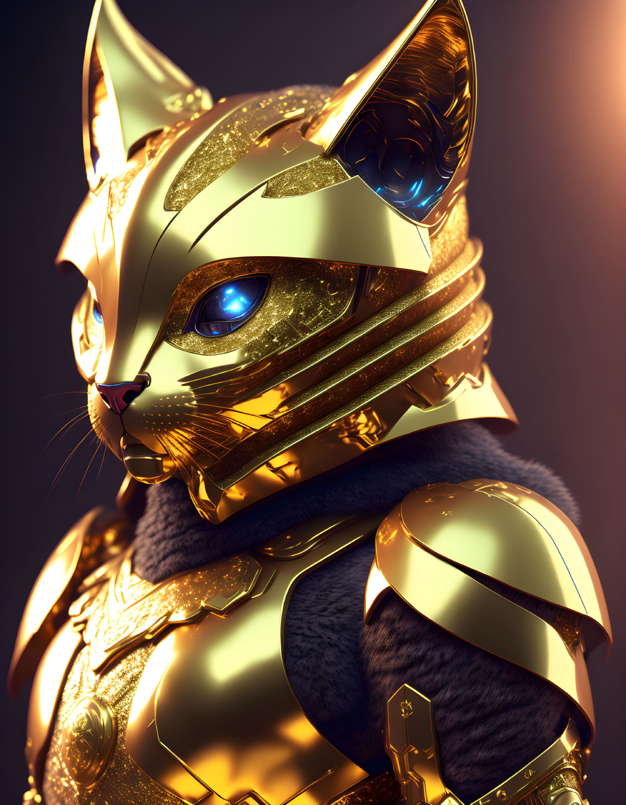 Digital Artwork: Cat in Gold Armor with Sapphire Eye on Amber Background