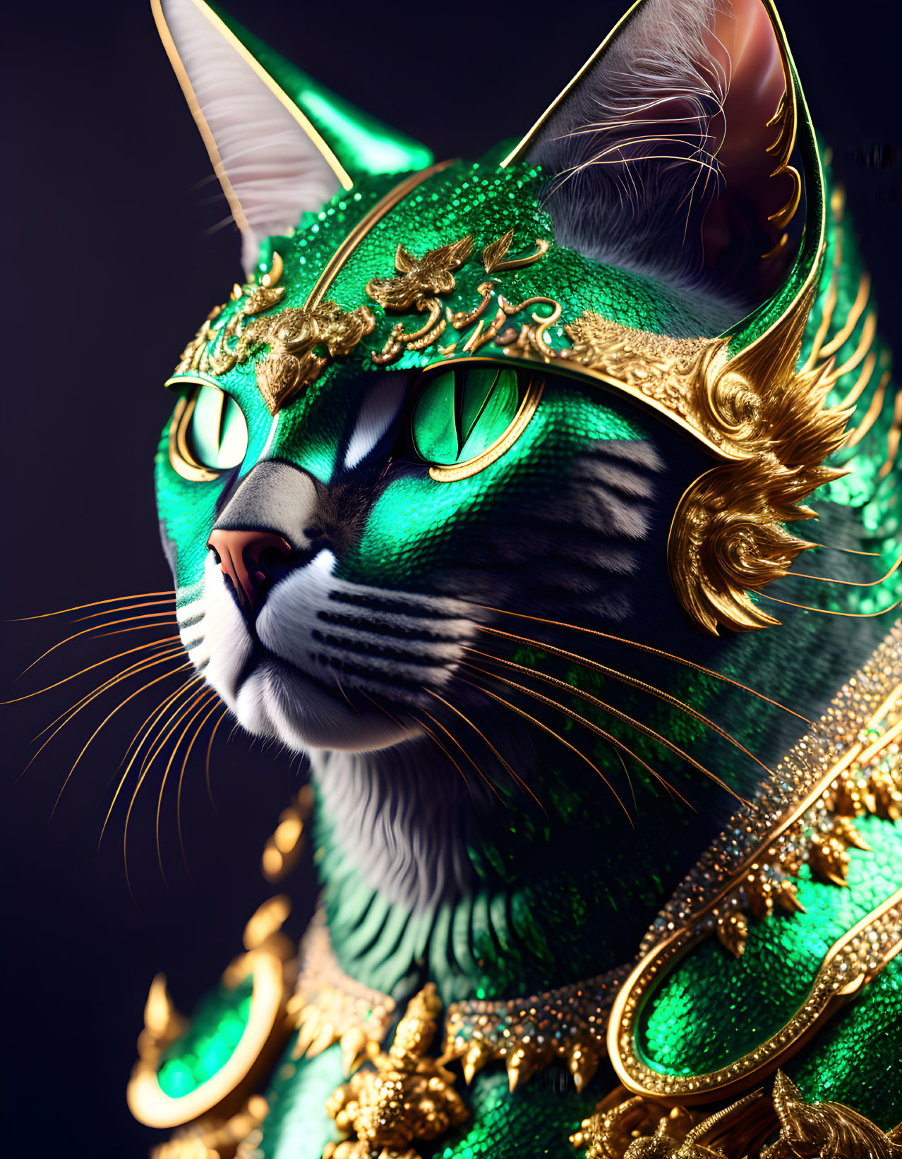 Regal Cat with Green and Gold Armor and Helmet