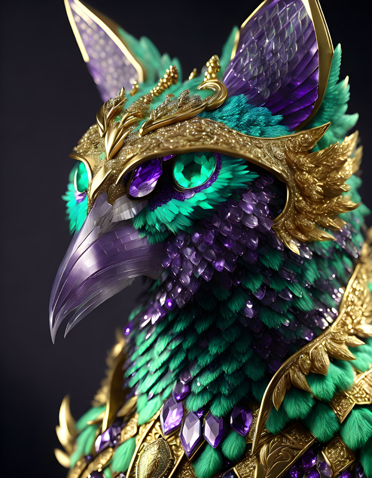 Vibrant anthropomorphic owl digital artwork with emerald and purple feathers