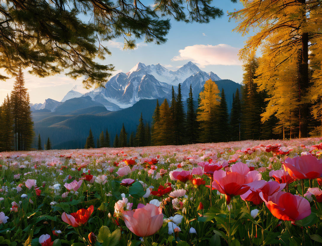 Scenic sunset landscape with pink and white wildflowers, evergreen trees, and mountain range