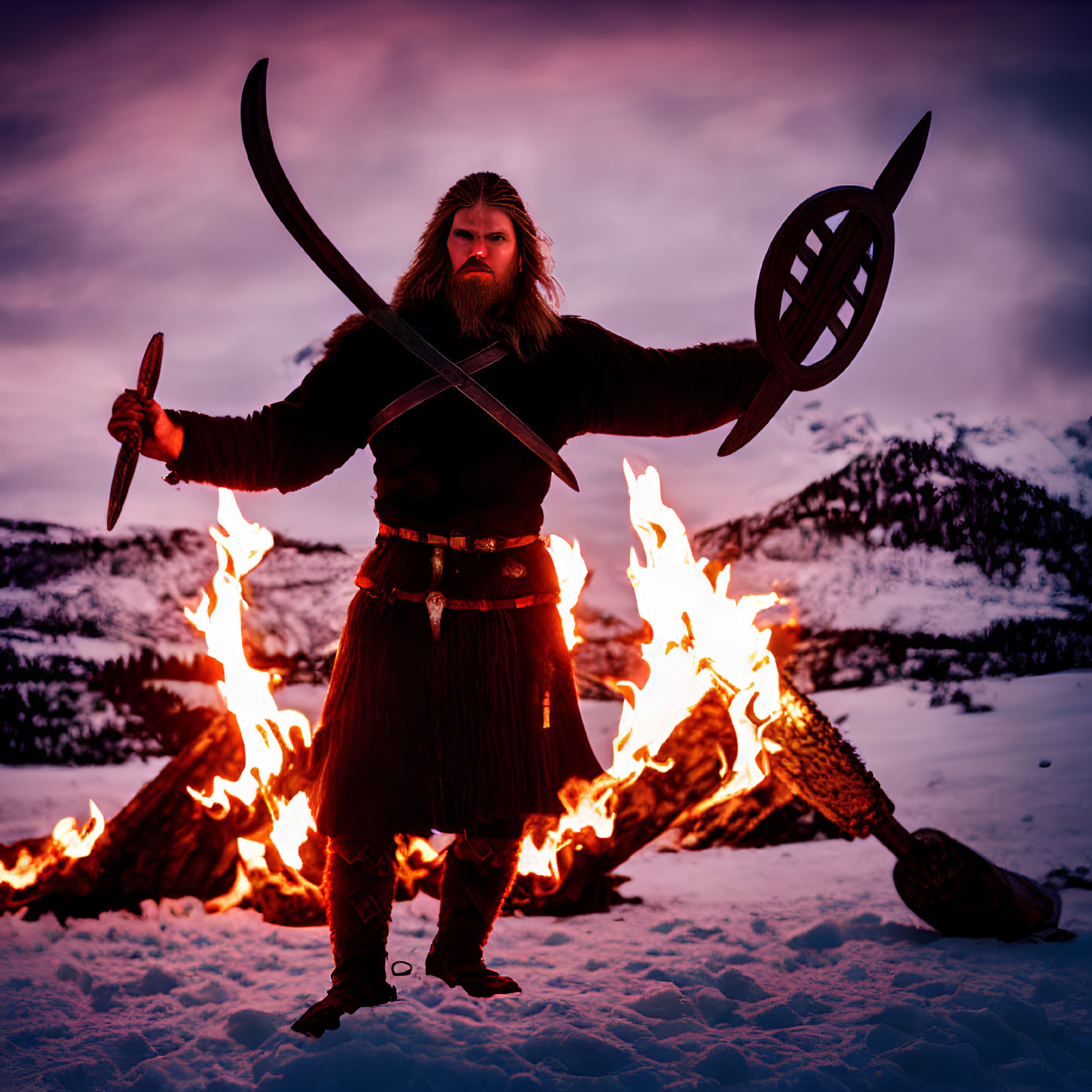 Viking warrior with sword and shield in fiery ring landscape