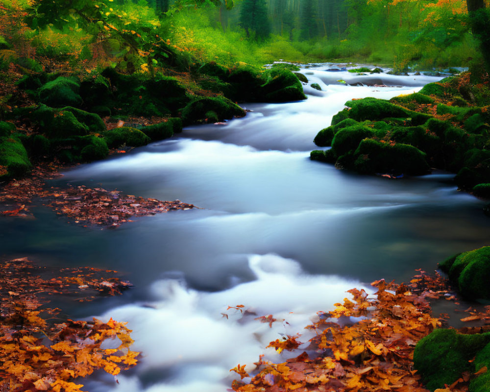 Tranquil river in vibrant autumn forest with moss-covered stones